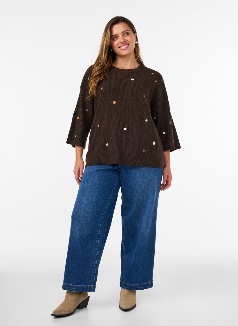 Gebreide blouse met kleine geborduurde motieven, Bruin, Model image number 1