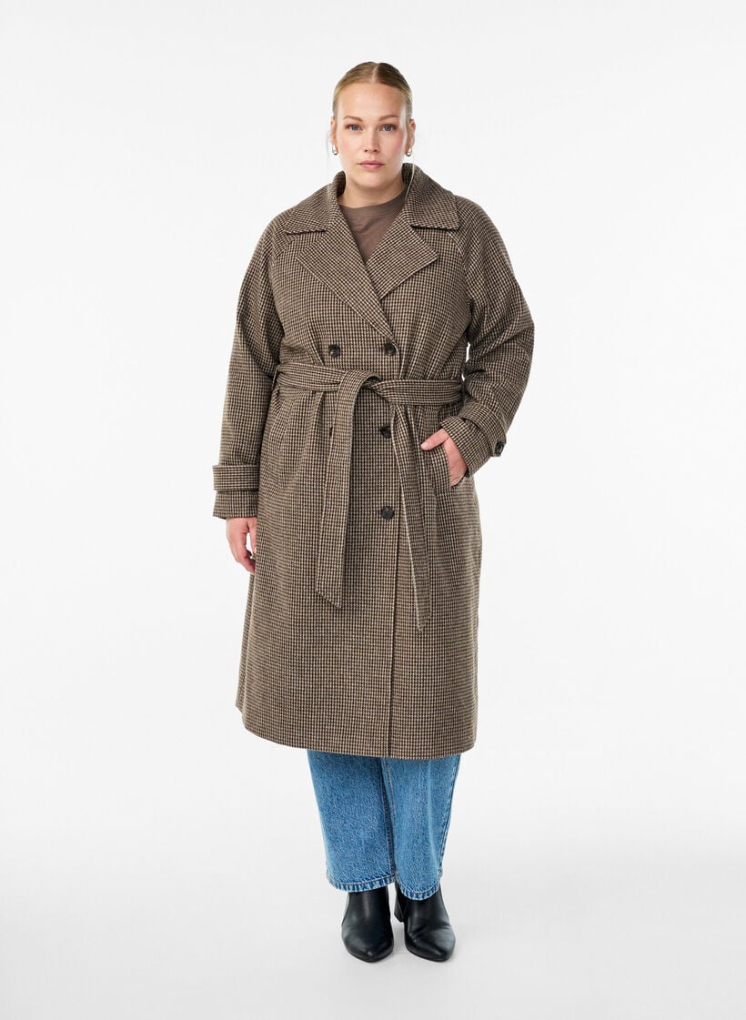 Geruite mantel met riem, Brown Check , Model