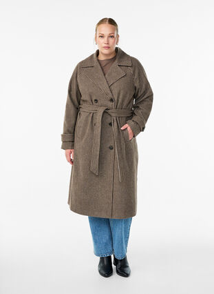 ZizziGeruite mantel met riem, Brown Check , Model image number 0