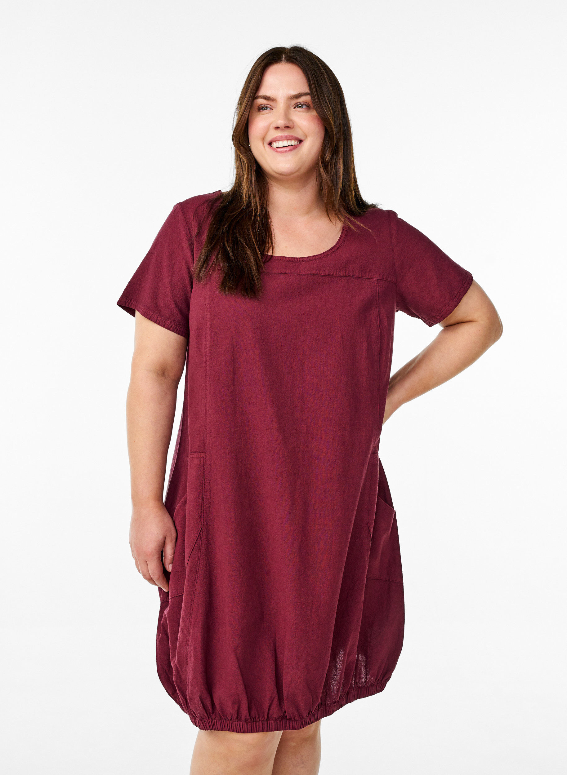 Katoenen jurk met korte mouwen, Donker Bordeaux, Model