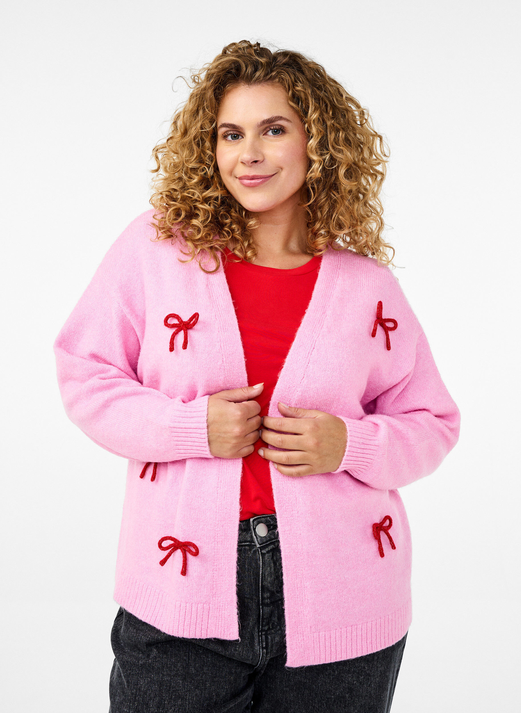 Korte gebreide cardigan met strikken, Begonia Pink Comb, Model