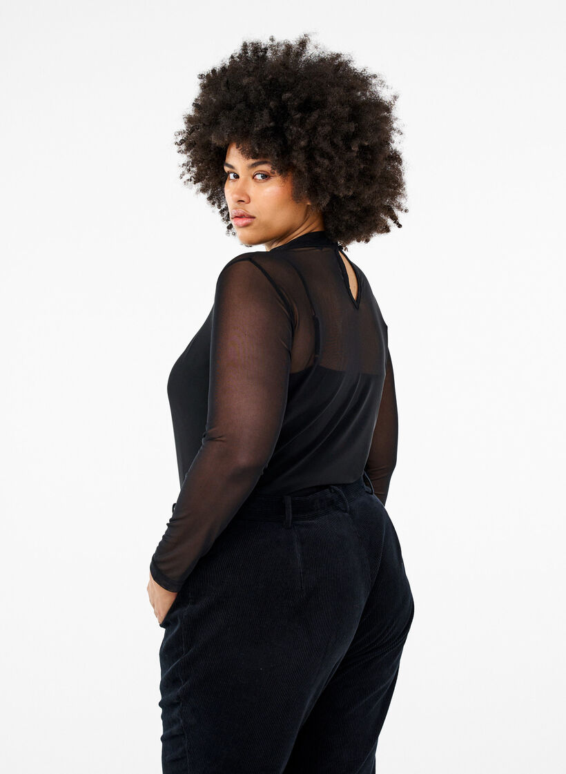 Getailleerde blouse van mesh met lange mouwen, Zwart, Model image number 2