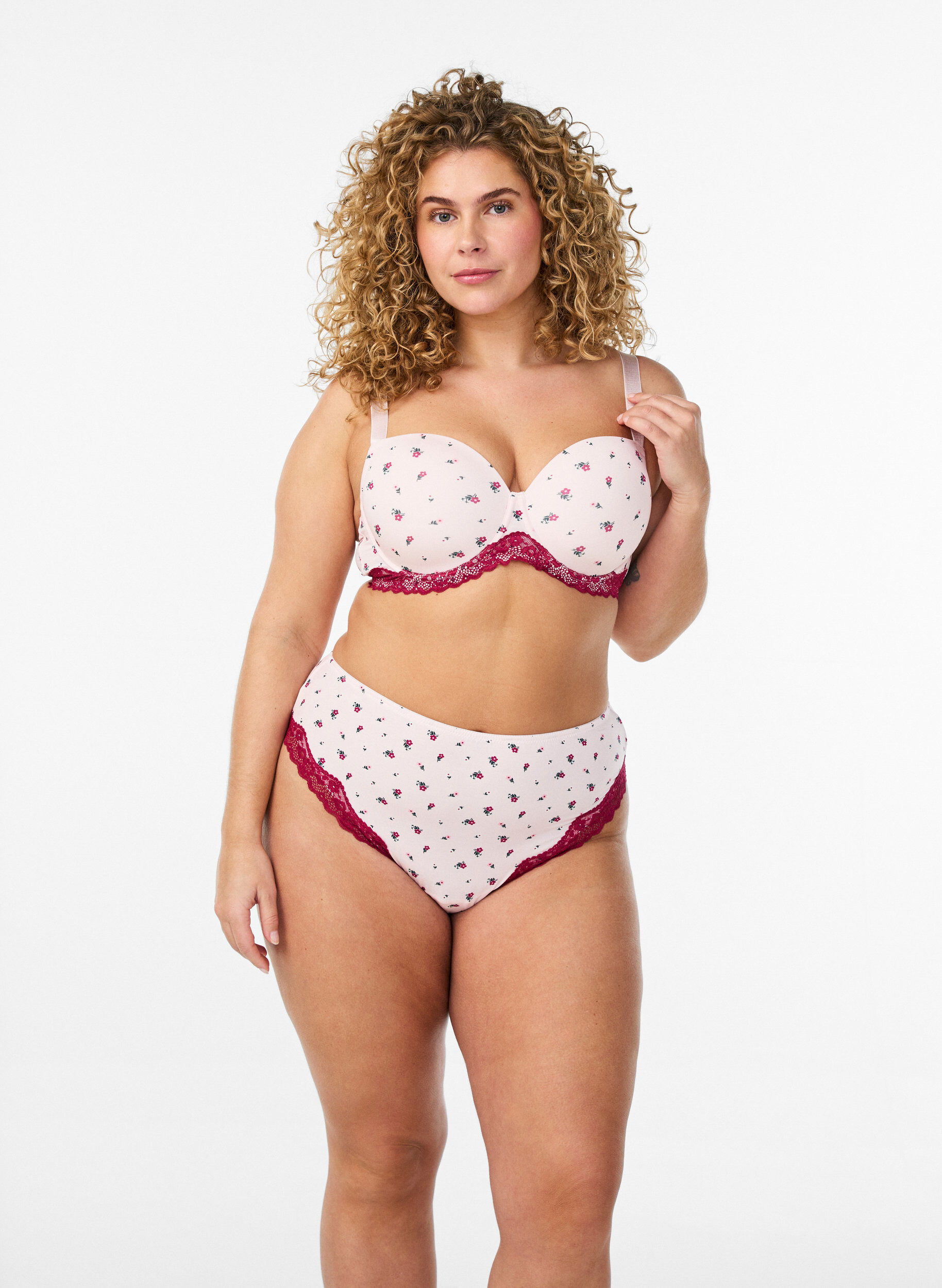 ZizziVoorgevormde bh met bloemenprint en kanten details, Roze, Model image number 1