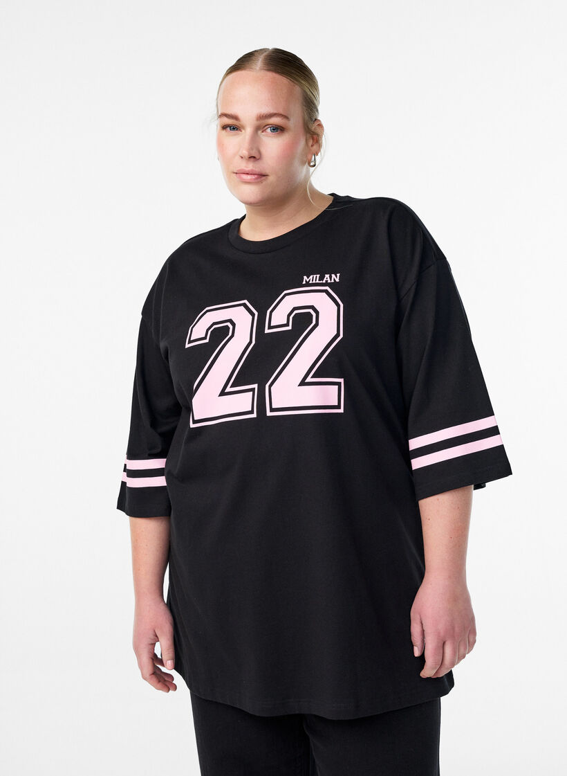 Oversized college T-shirt met 3/4 mouwen, Zwart, Model image number 0