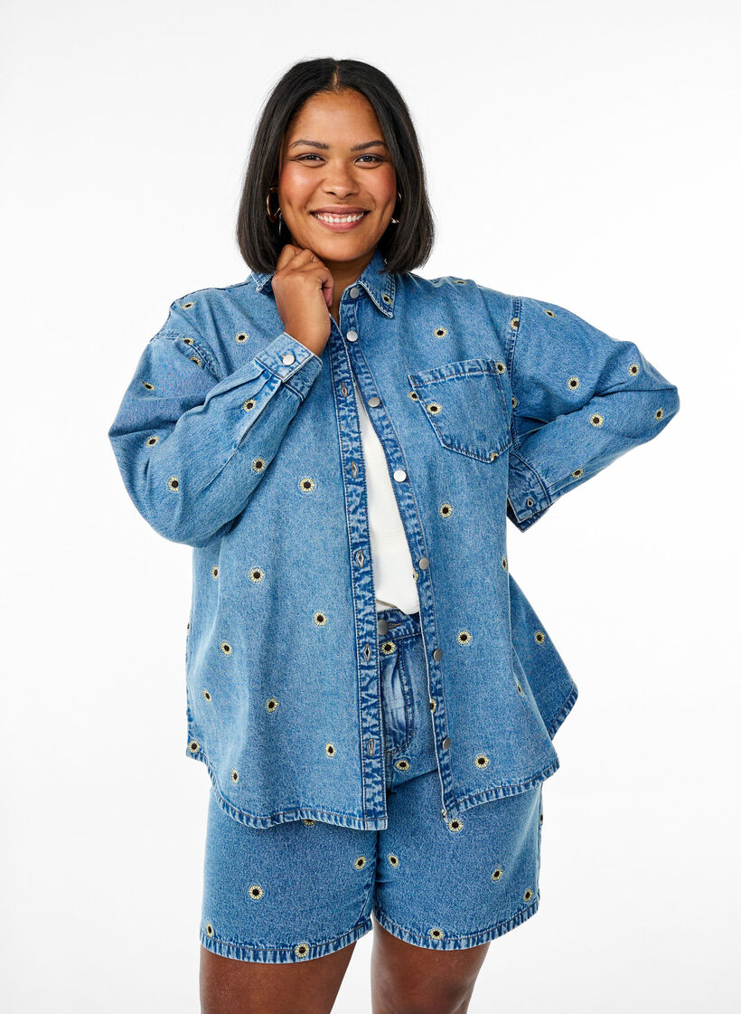 Denim shirt met geborduurde bloemen, L. B. D Sunflower , Model