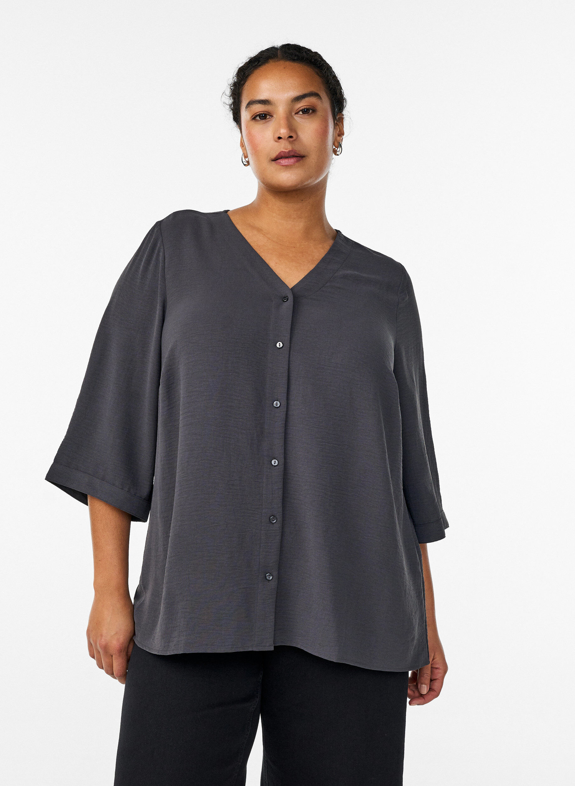 ZizziShirtblouse met V-hals en 3/4 mouwen, Grijs, Model image number 0