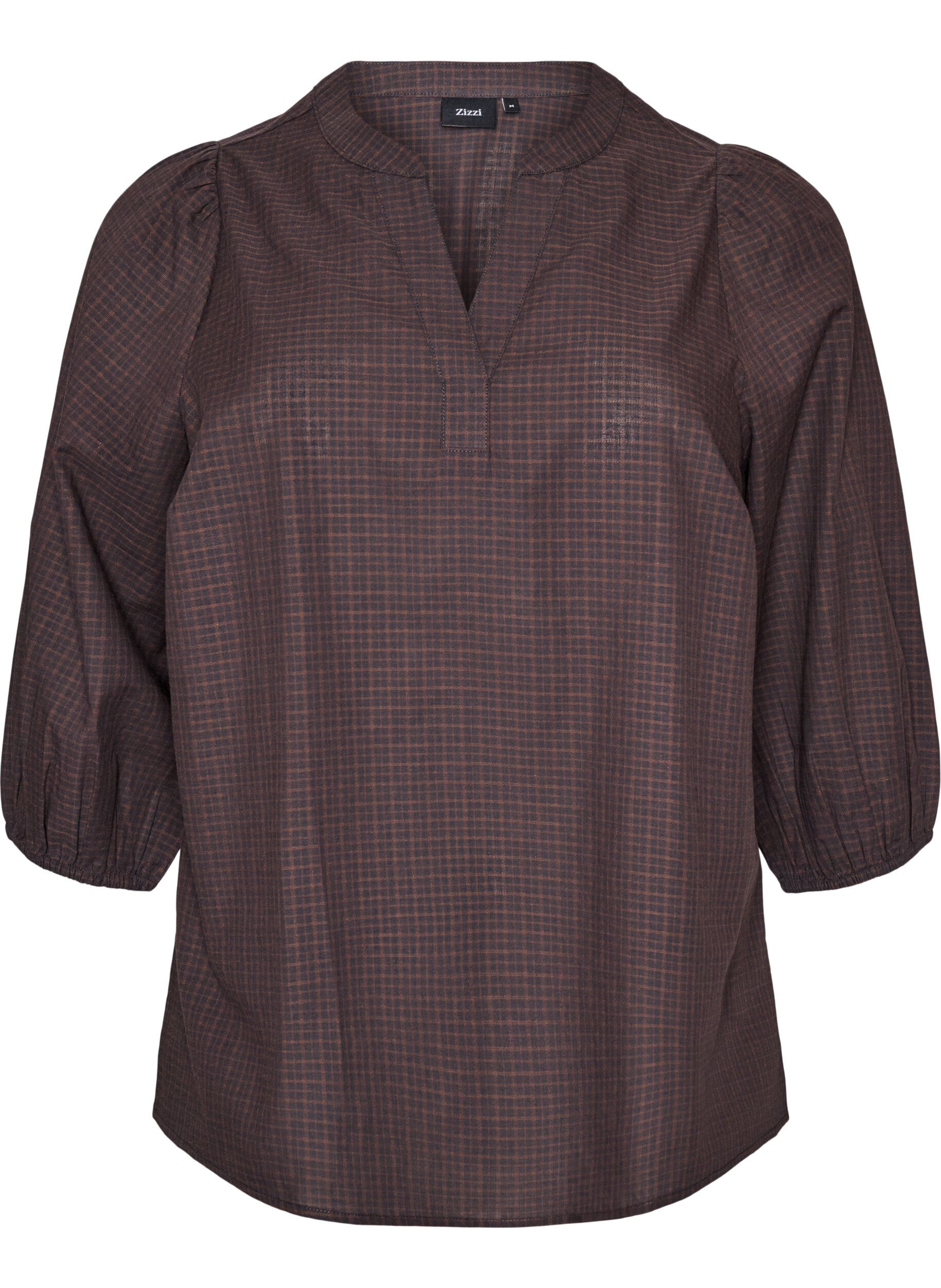 Blouse met ruitdessin, V-hals en 3/4-mouwen