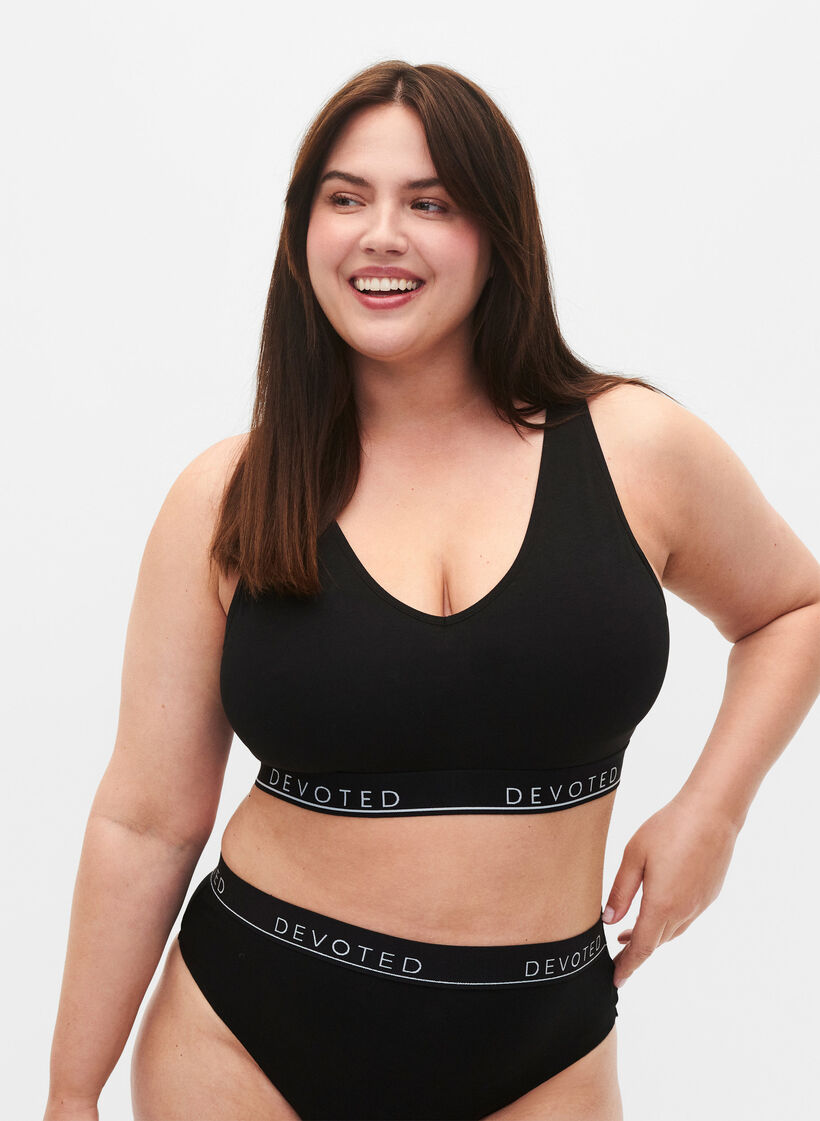 Katoenen beha met V-hals en tekstprint, Zwart, Model image number 0