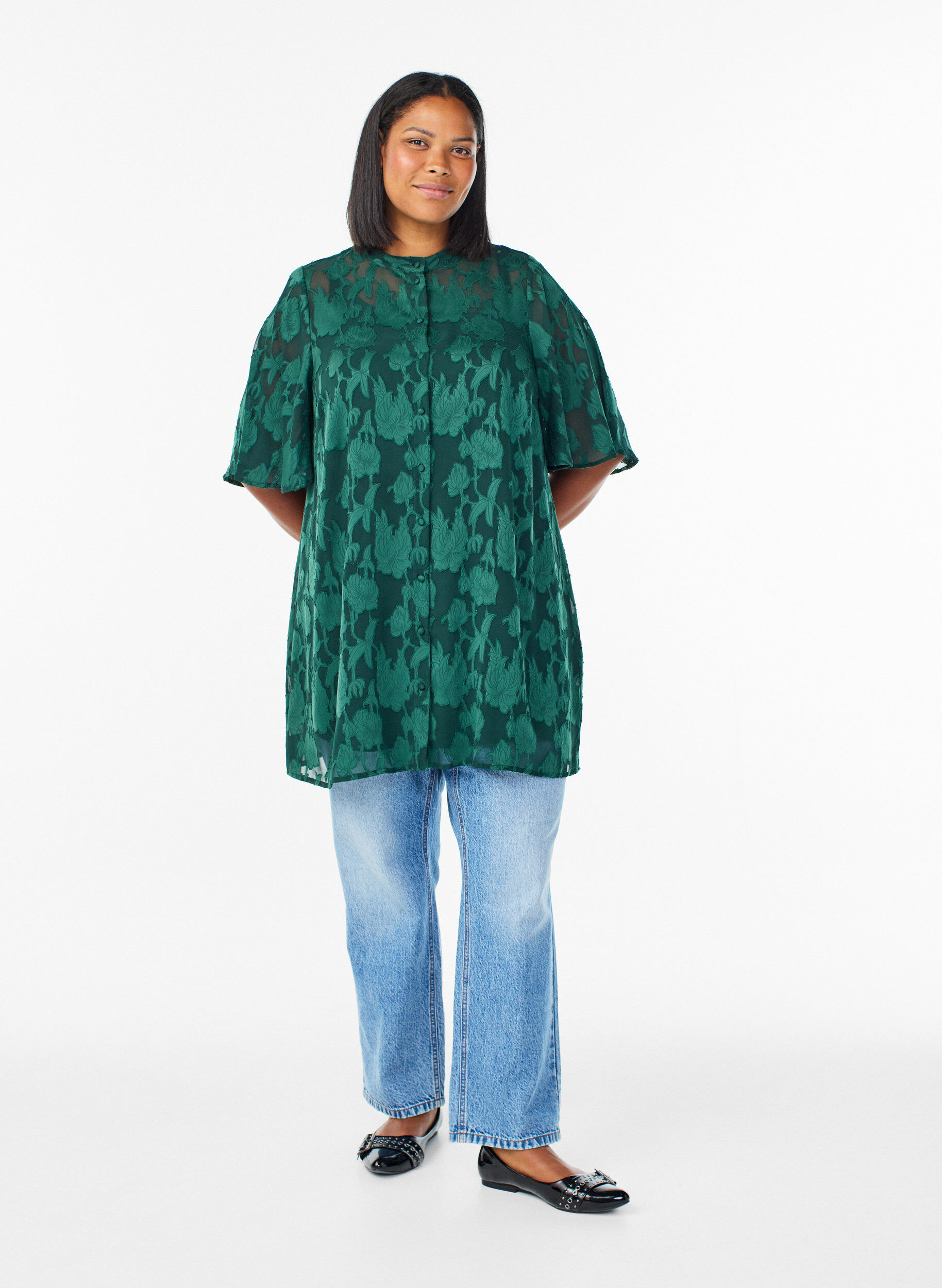 ZizziKorte A-lijn jurk met een bloemenpatroon, Groen, Model image number 1