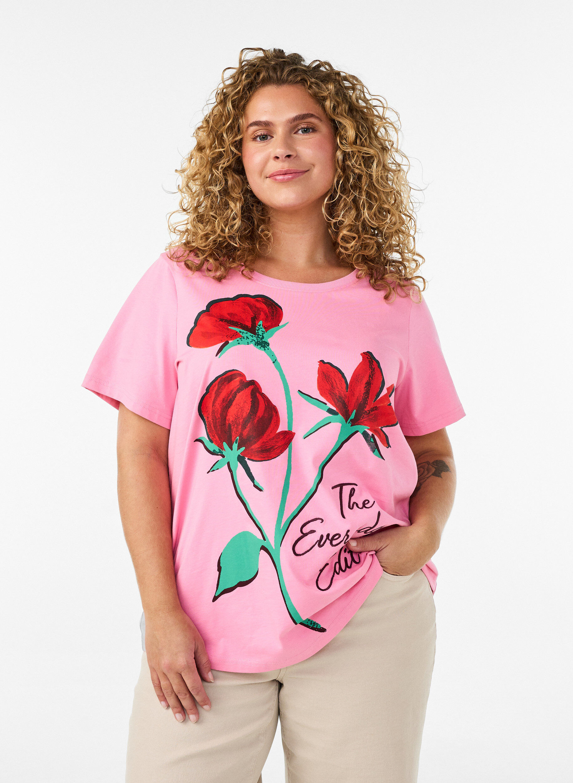 Katoenen T-shirt met print aan de voorkant, Roze, Model