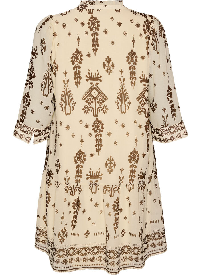 Jurk met ornamentprint en ruchekraag, Beige, Packshot image number 1