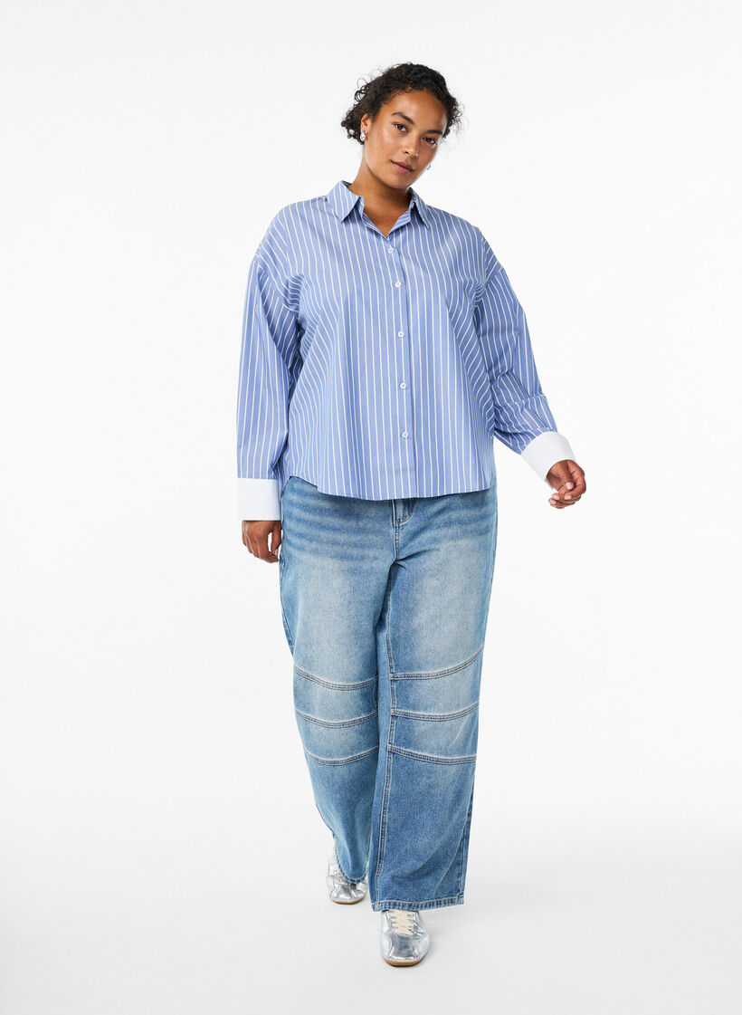 Gestreept shirt met contrasterende manchetten, Blue w. White Stripe, Model
