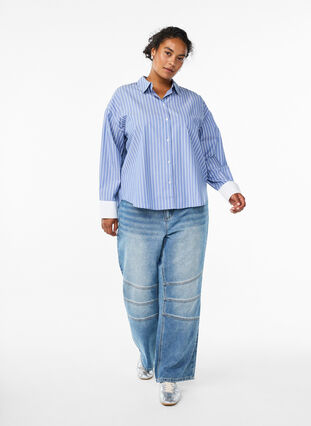 ZizziGestreept shirt met contrasterende manchetten, Blue w. White Stripe, Model image number 2