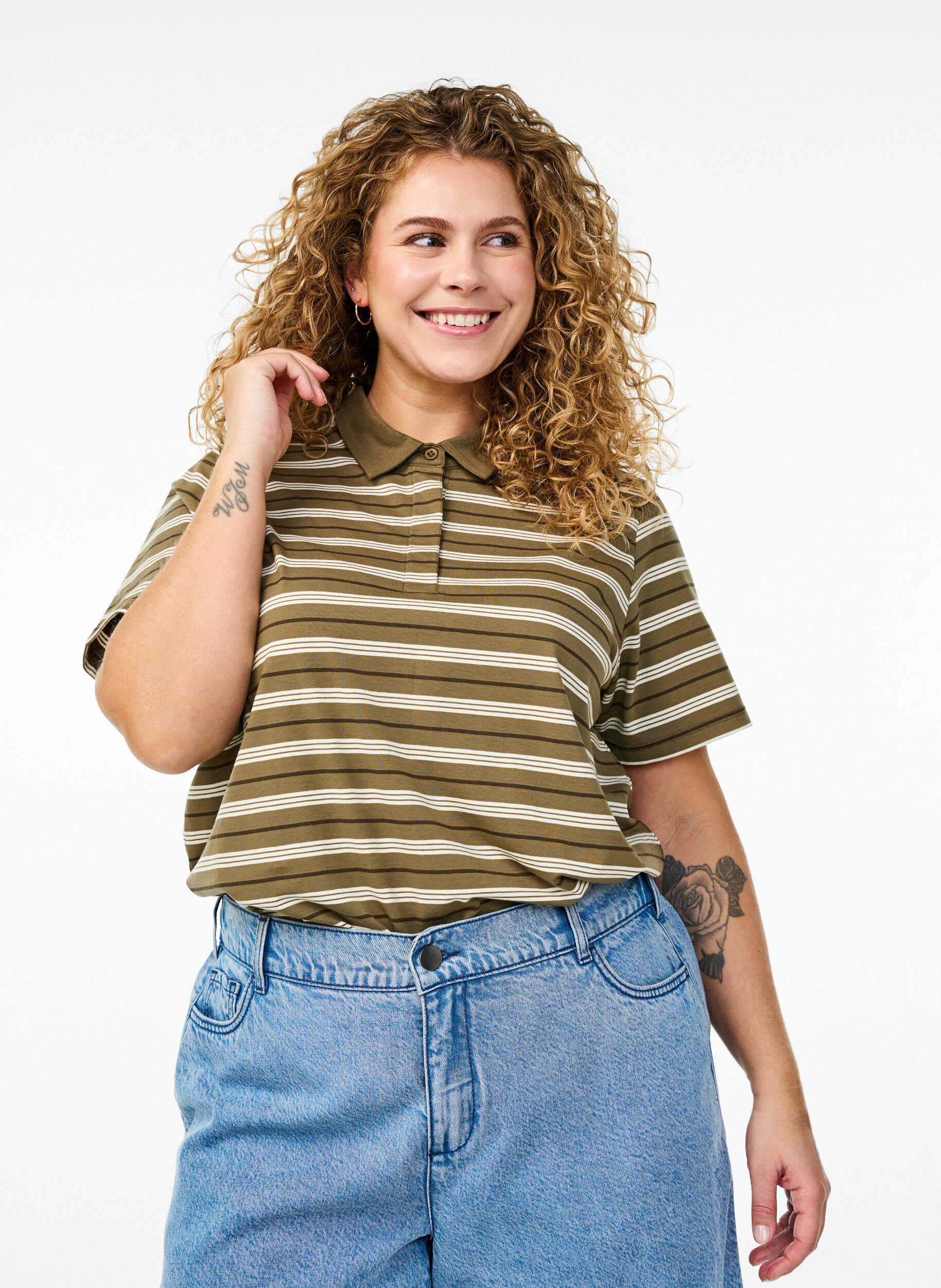 Gestreepte poloshirt met korte mouwen, Groen, Model