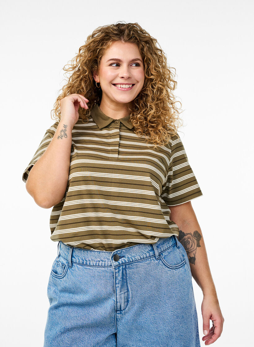 Gestreepte poloshirt met korte mouwen, Groen, Model image number 0