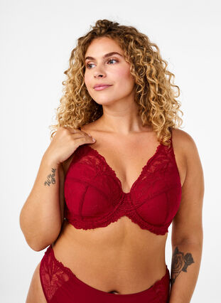 ZizziGevoerde kanten beha met beugel, Rhythmic Red, Model image number 0