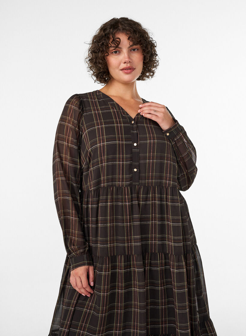Gecontroleerde midi-jurk met een rok in lagen, Bruin, Model image number 2