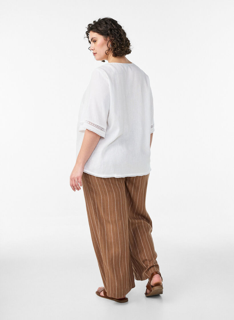 Wijde linnen en viscose broek, Bruin, Model image number 1