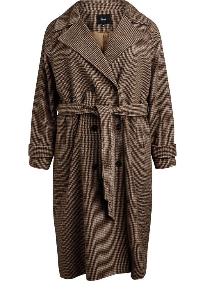 Geruite mantel met riem, Brown Check , Packshot