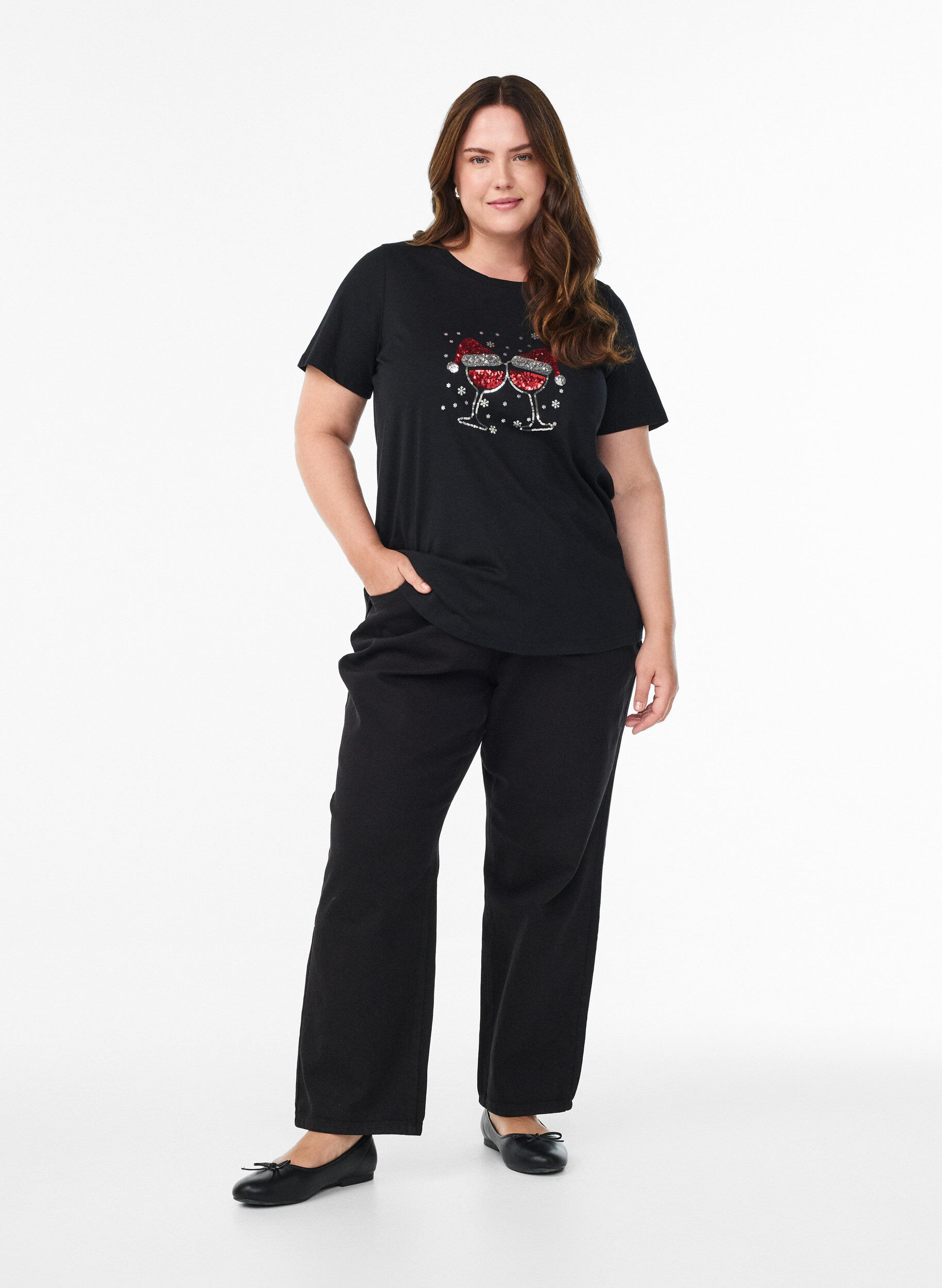 ZizziKerst T-shirt van biologisch katoen, Zwart, Model image number 1