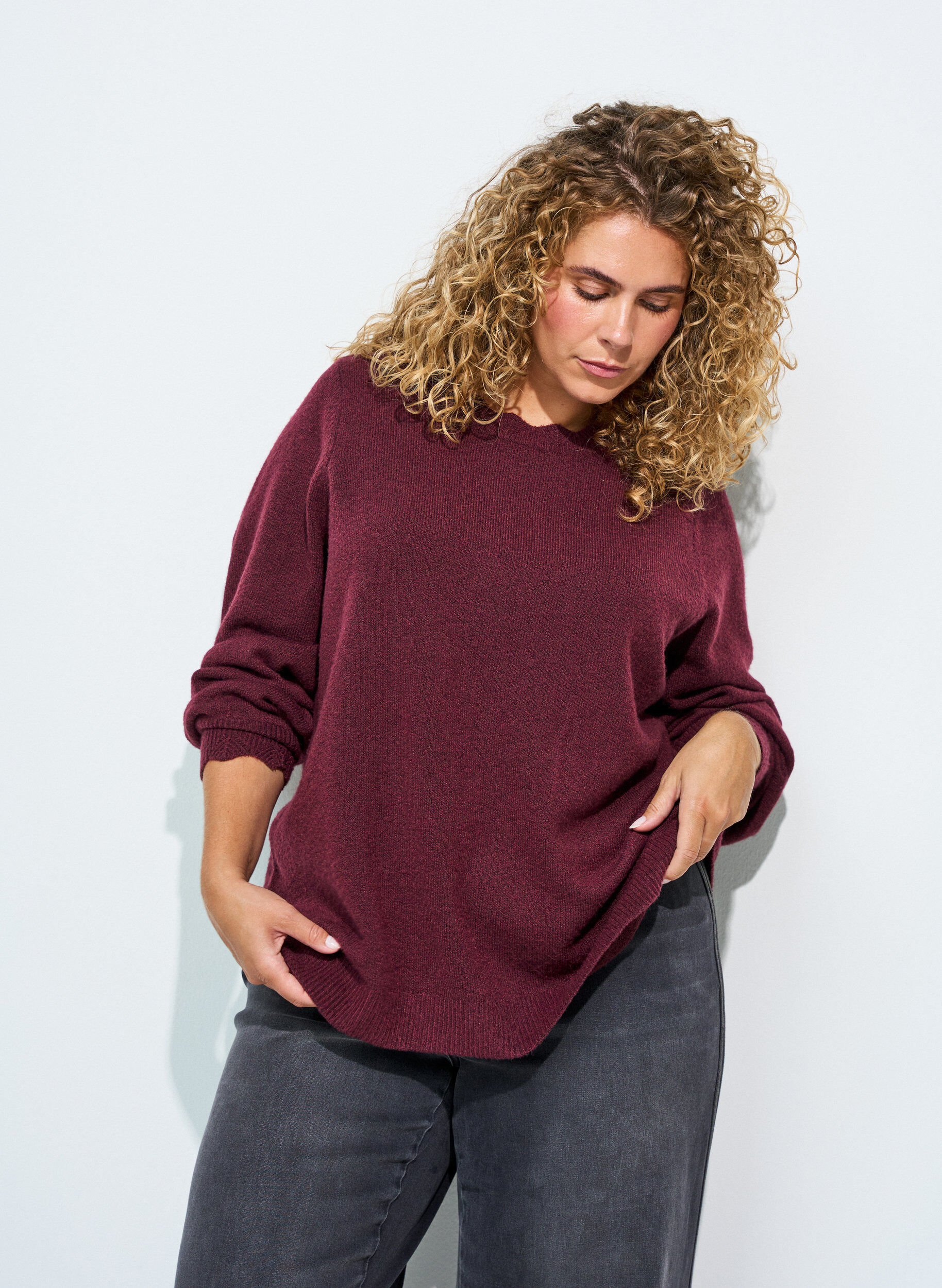 ZizziGebreide blouse met golvende randen, Rood, Model image number 0