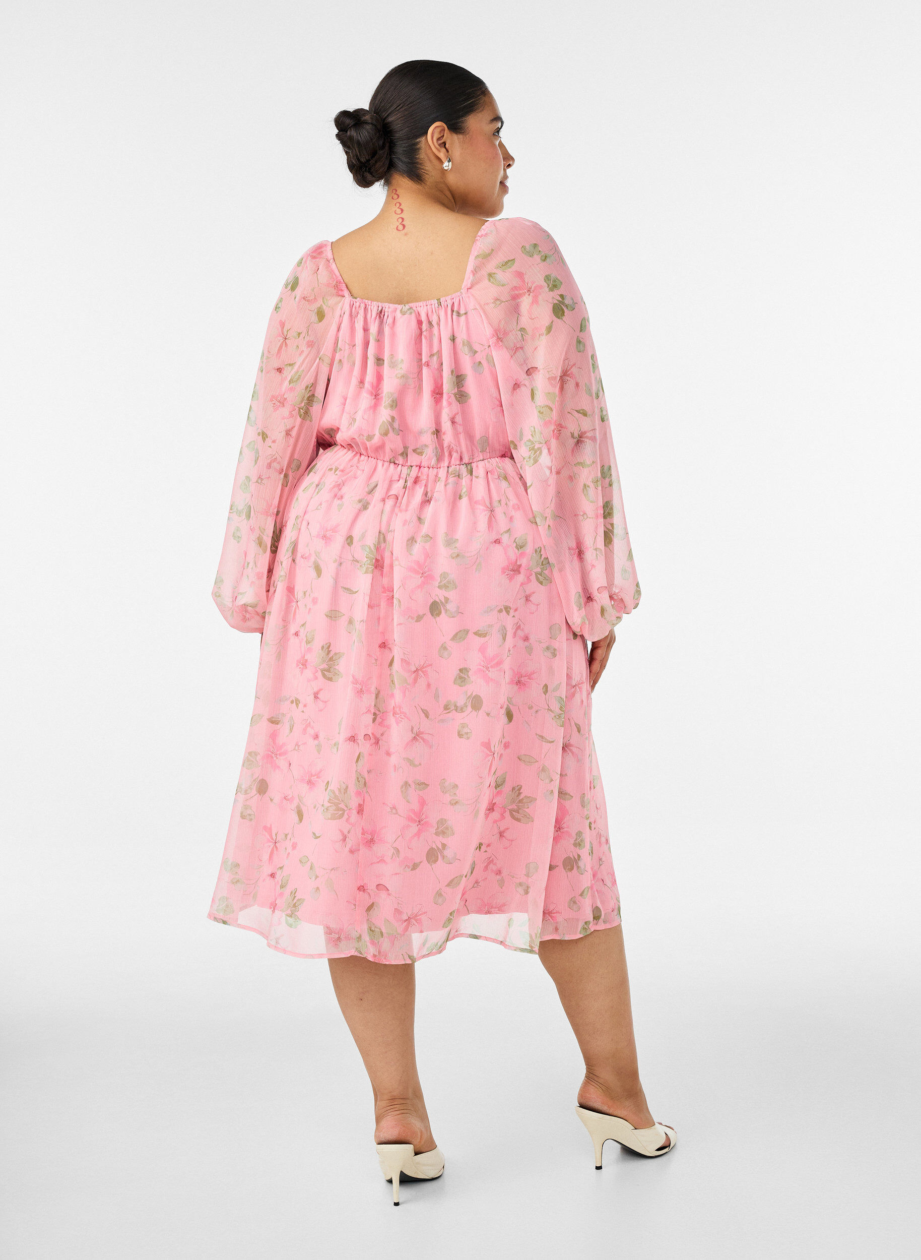 ZizziChiffon feestjurk met lange mouwen, Roze, Model image number 1