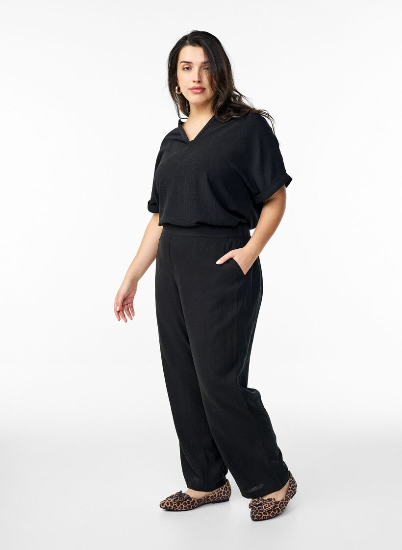 Linnen en viscose broek met losse pasvorm, Black, Model image number 0