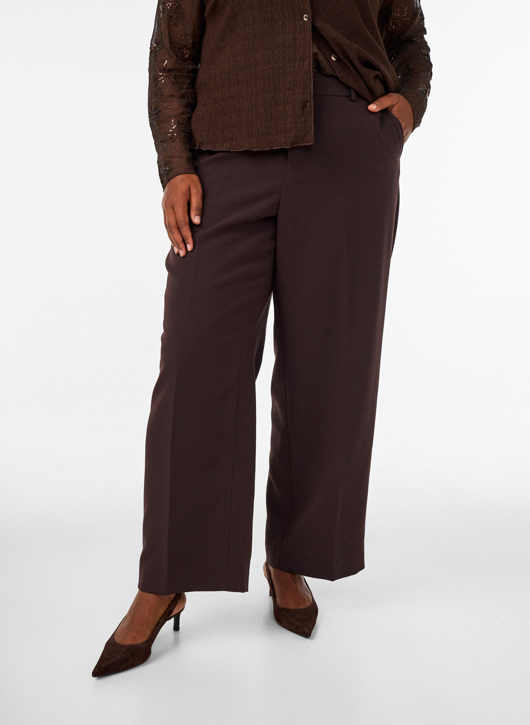 ZizziOp maat gemaakte broek met wijde pijpen en hoge taille, Bruin, Model image number 2
