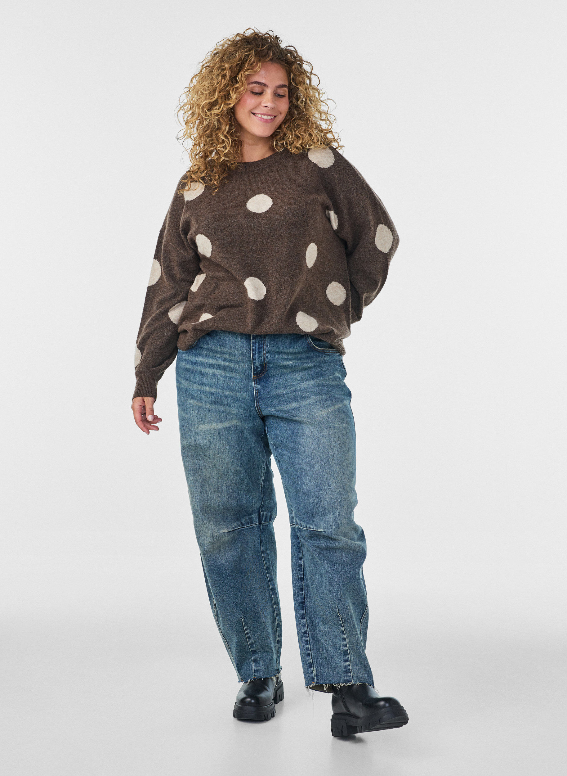 ZizziGebreide blouse met een stippenpatroon, Bruin, Model image number 1