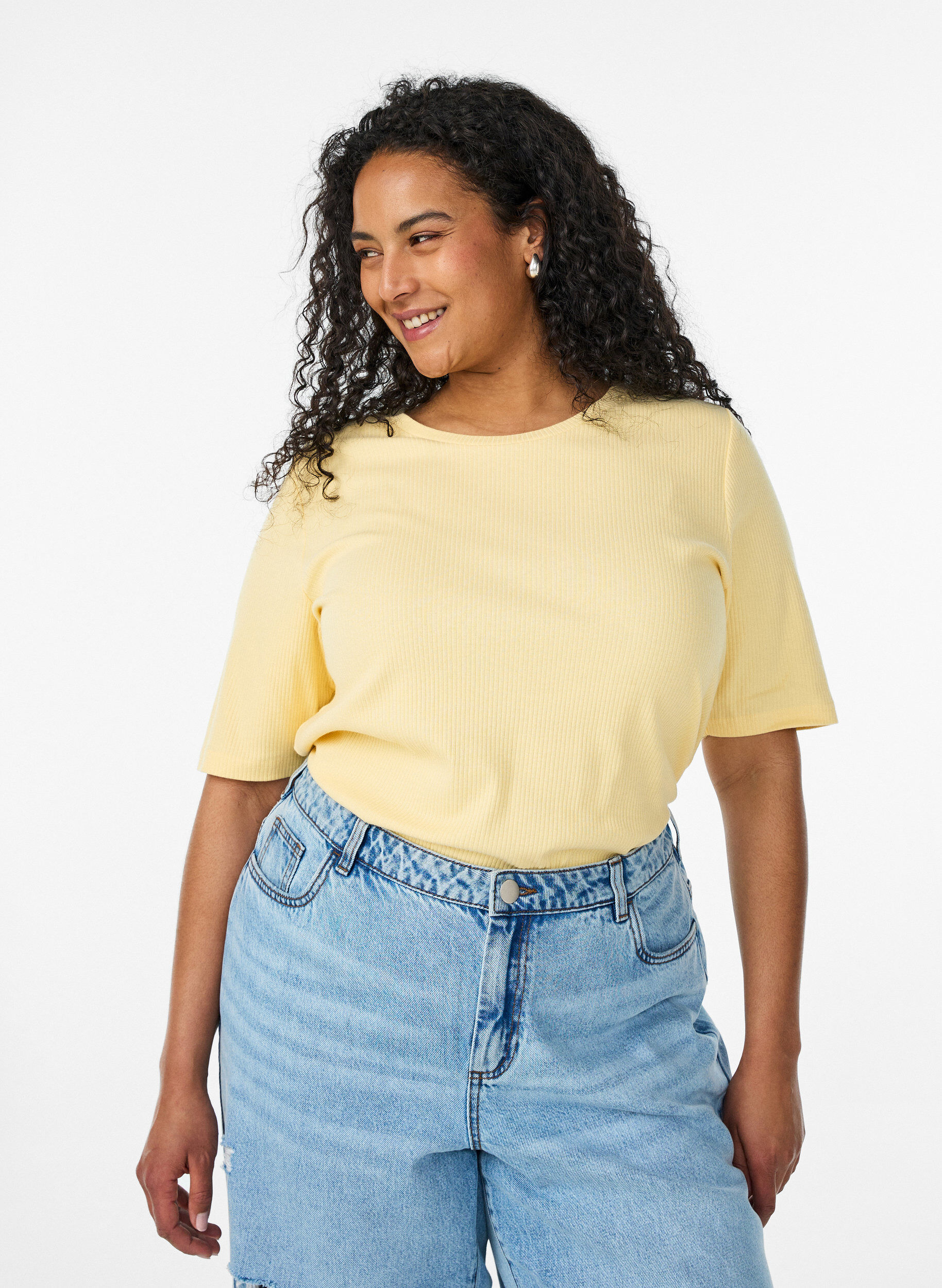 Geribde jersey blouse met korte mouwen, Geel, Model