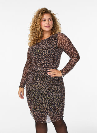 ZizziKorte jurk van mesh met luipaardprint, Leo comb, Model image number 0