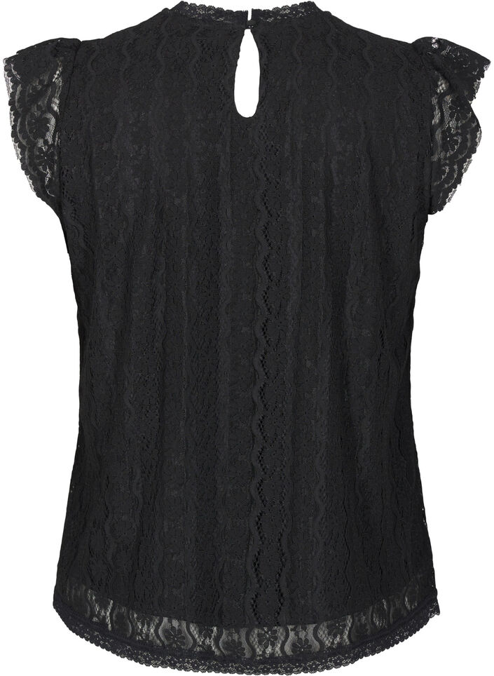 Kanten top met ruchesdetails, Black, Packshot