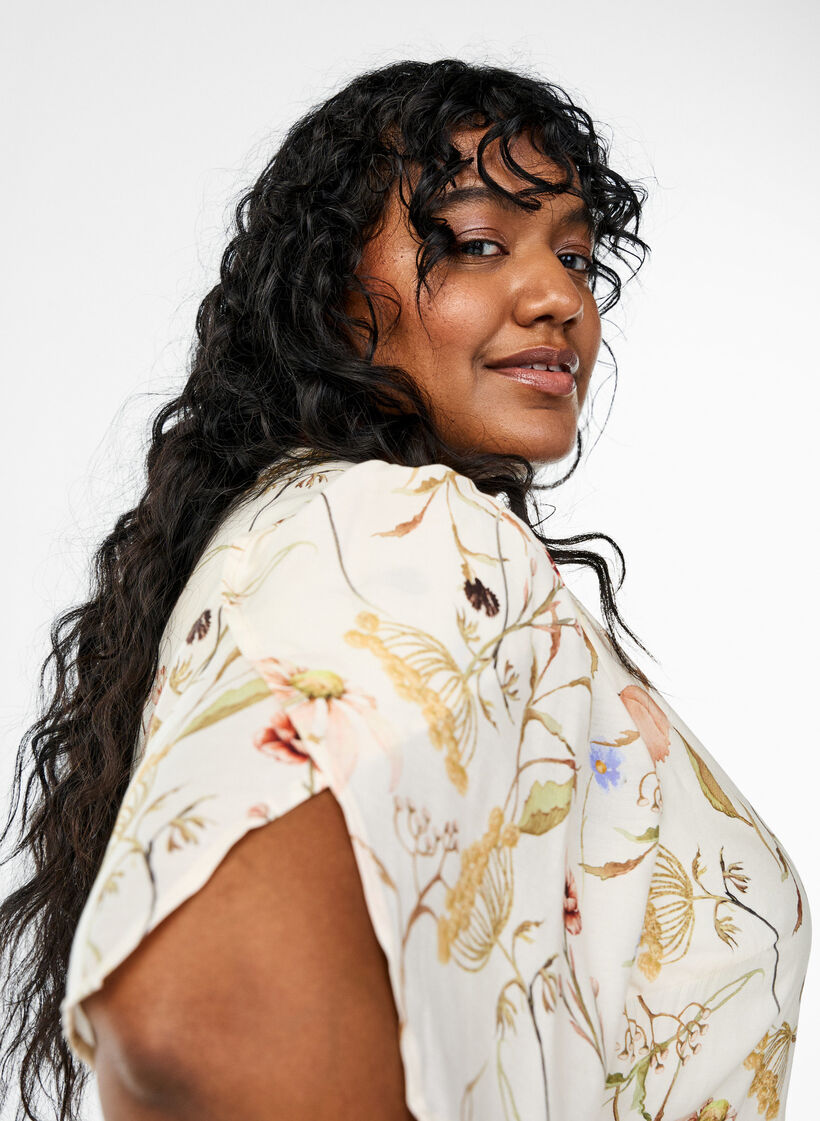 Midi-jurk met bloemen met een A-lijn vorm, Beige, Model image number 3