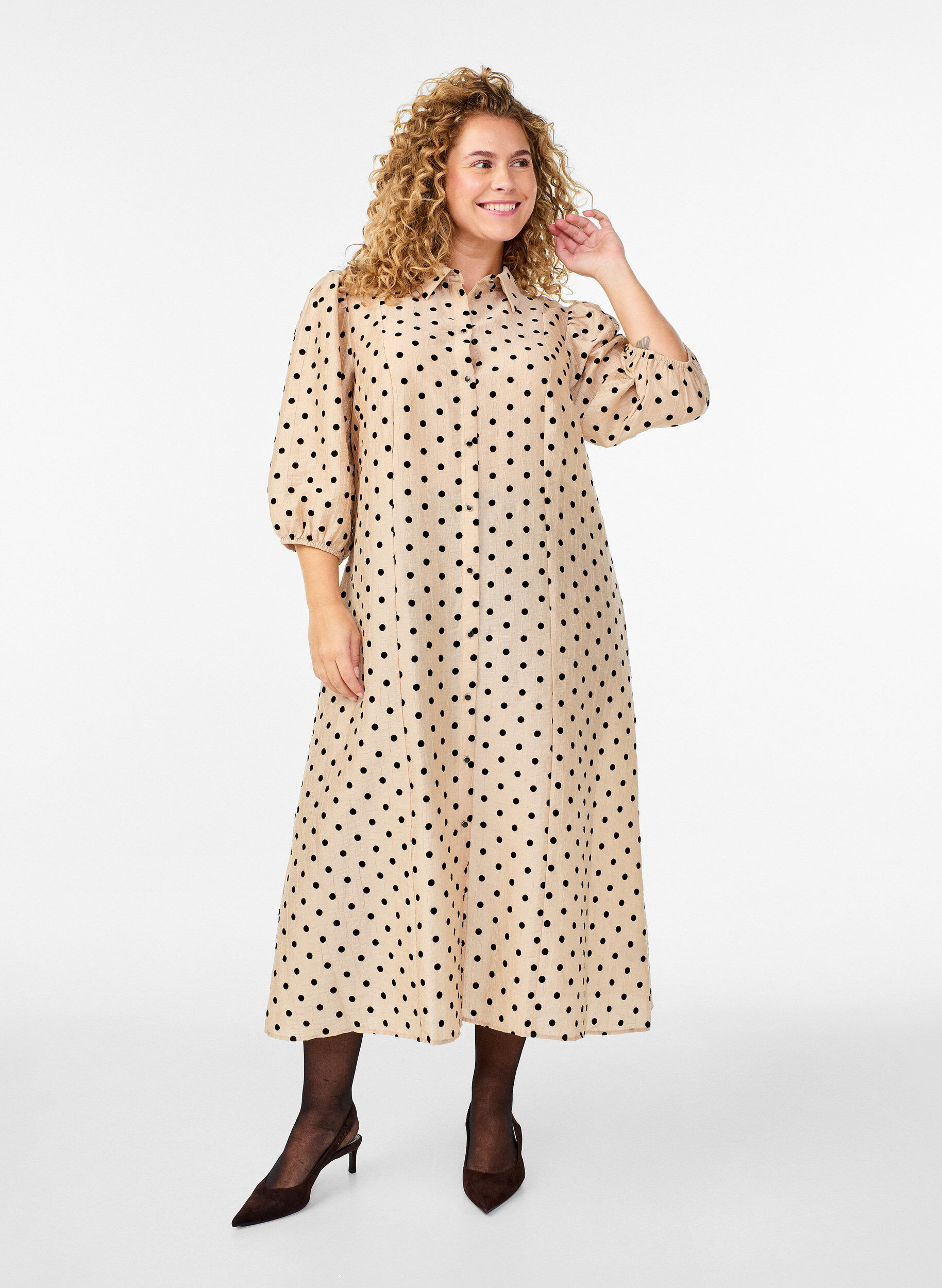 Midi overhemdjurk met polka dots en 3/4 mouwen, Beige, Model