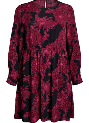 ZizziViscose jurk met print en lange mouwen, Tawny Port Flower, Packshot image number 0