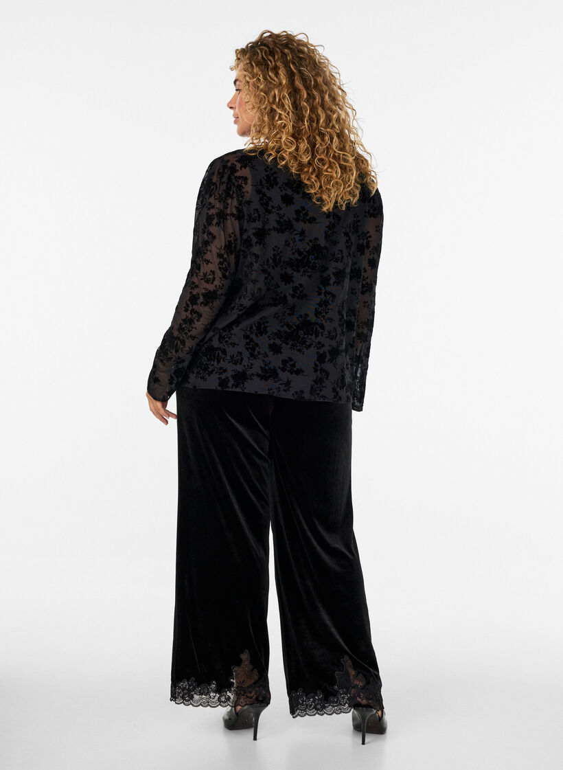 Fluwelen broek met kanten rand en wijde pijpen, Zwart, Model image number 2
