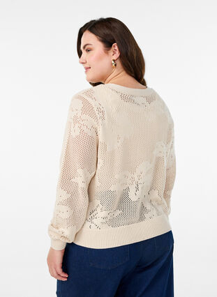 ZizziGebreide cardigan met opengewerkt patroon en strikkoordjes, Birch, Model image number 1