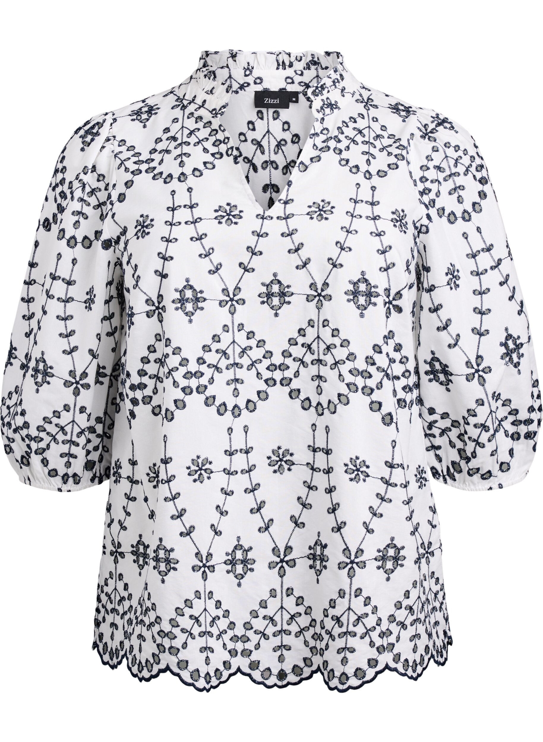 ZizziBlouse met 3/4 mouwen en contrasterende broderie anglaise, Wit, Packshot image number 0