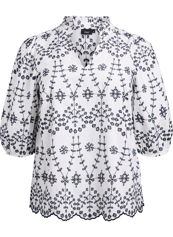 Blouse met 3/4 mouwen en contrasterende broderie anglaise, Wit, Packshot image number 0