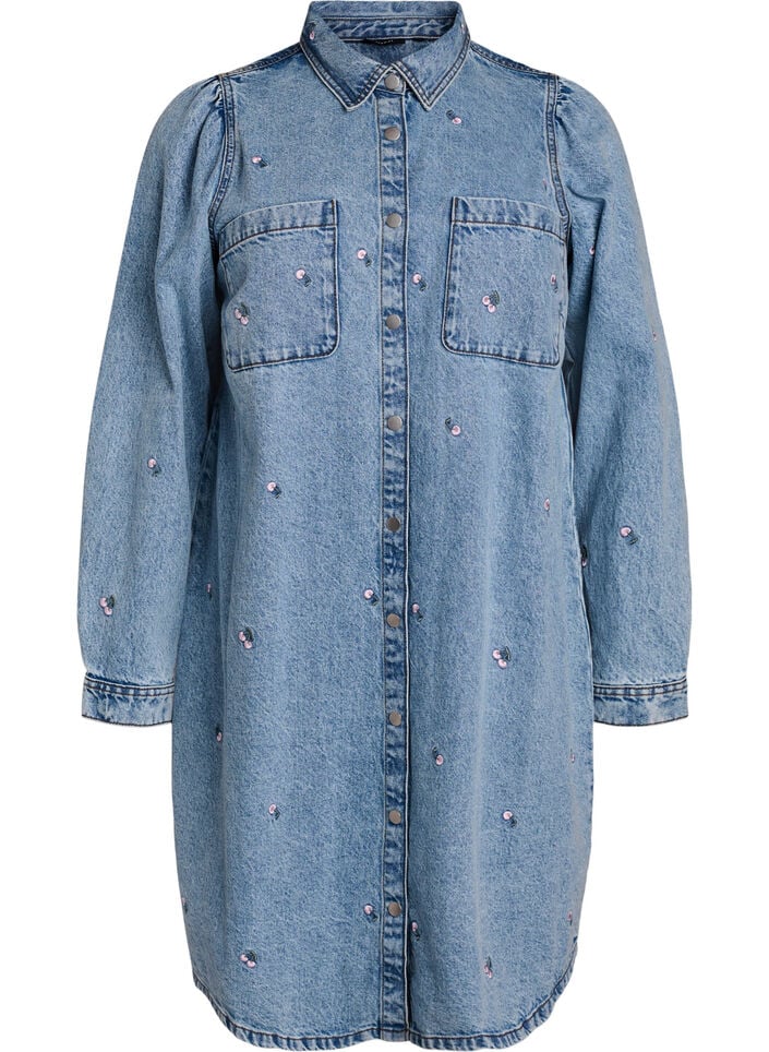 Denimjurk met kersen en borstzakken, Blauw, Packshot image number 0