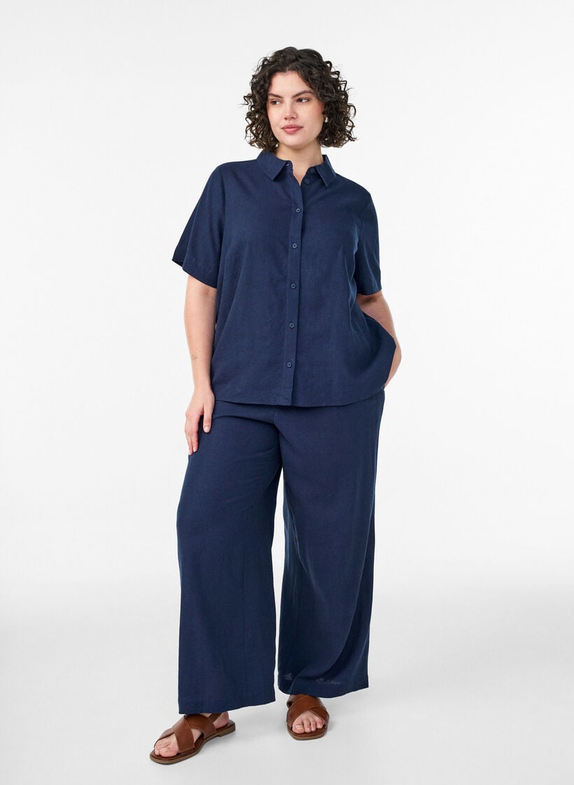Shirt met korte mouwen in linnen en viscose, Blauw, Model image number 1