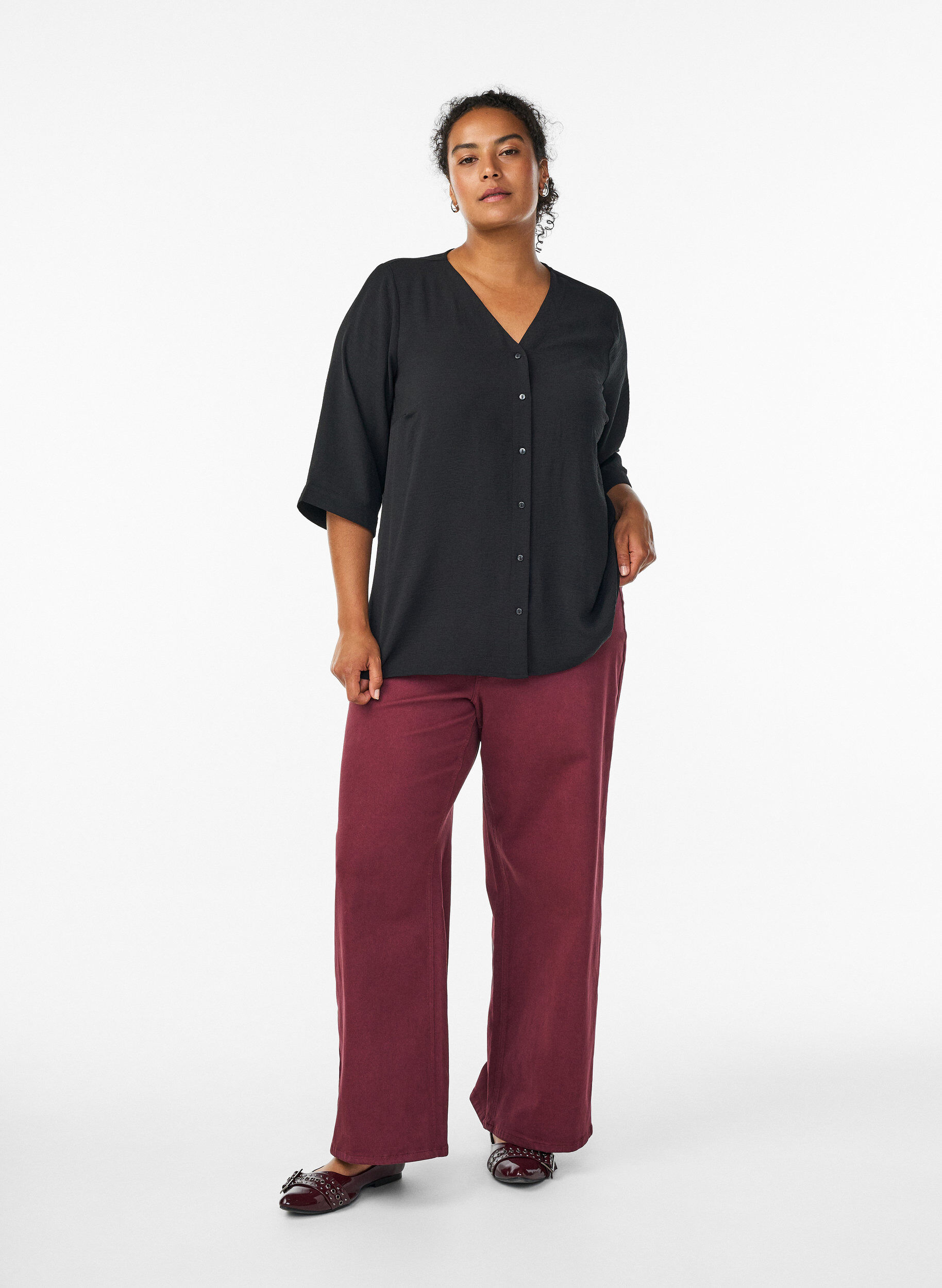 ZizziShirtblouse met V-hals en 3/4 mouwen, Zwart, Model image number 1