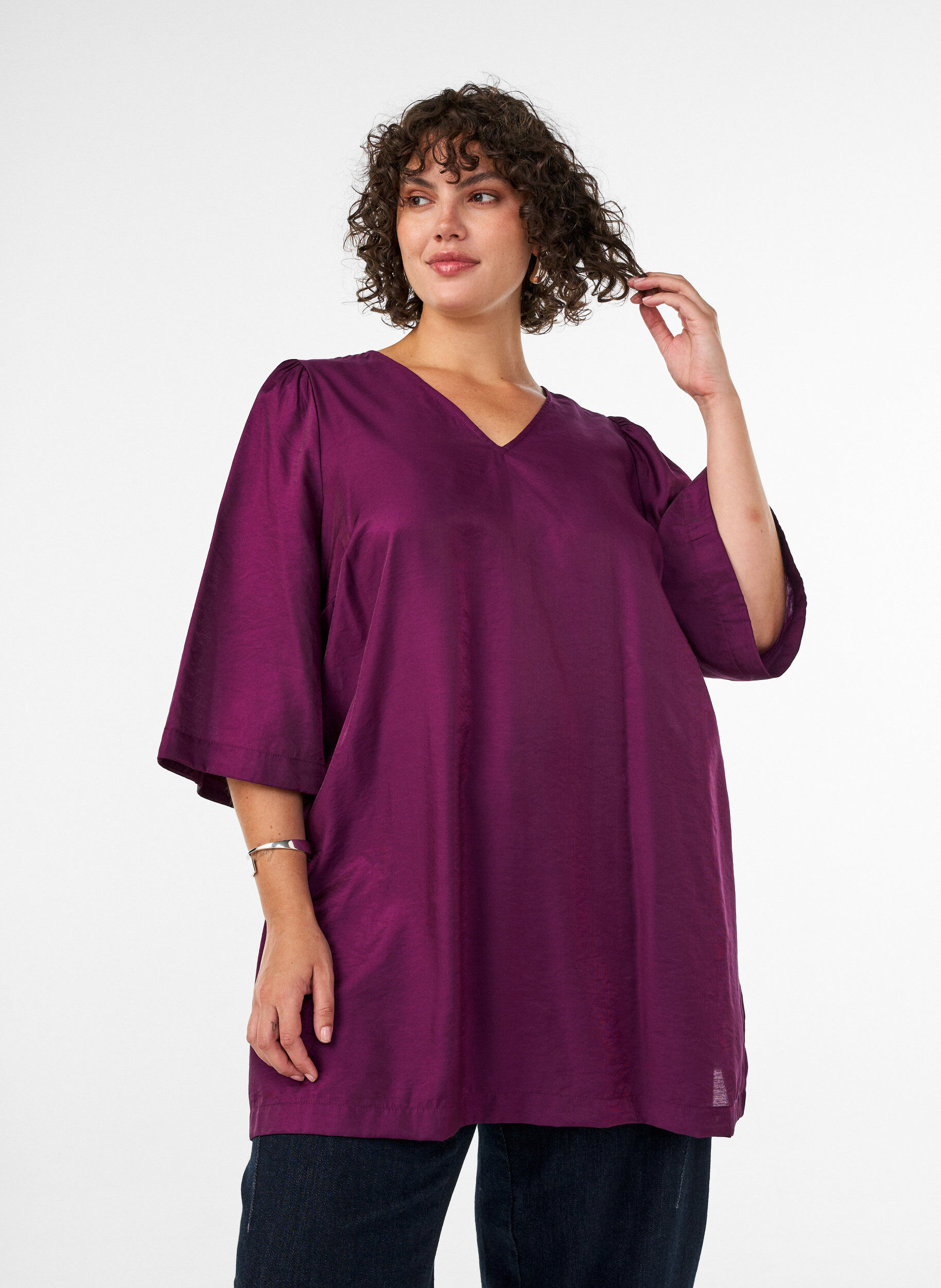 Glanzende tuniek met V-hals en 3/4 mouwen, Paars, Model