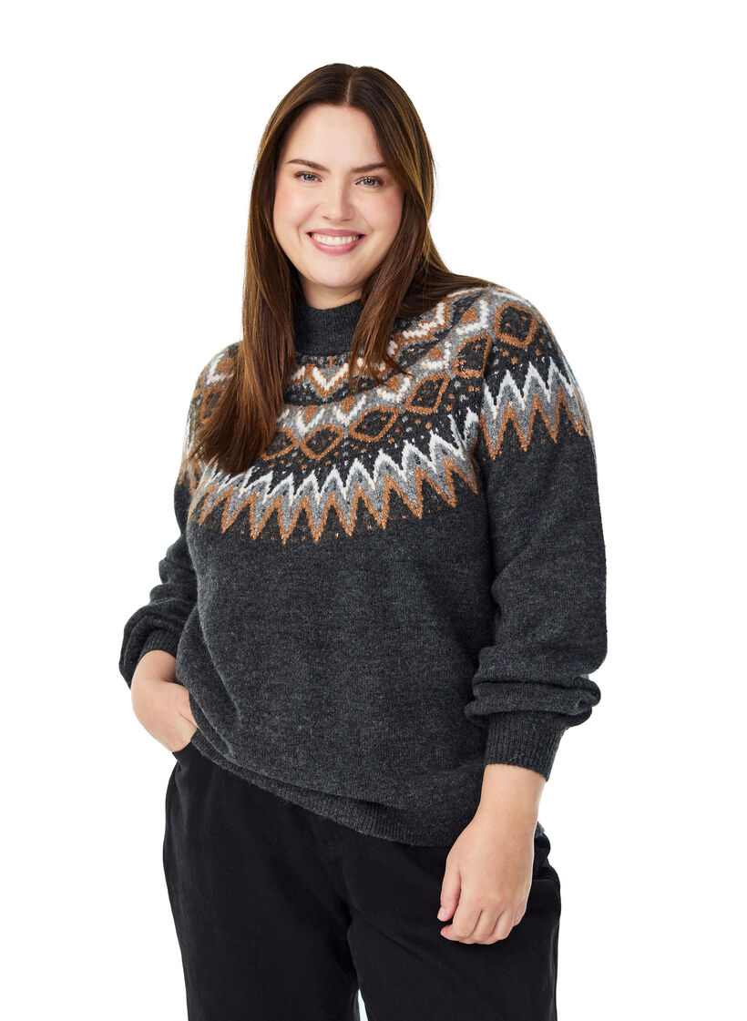 Gebreide blouse met patroon en hoge hals, Grijs, Model image number 0