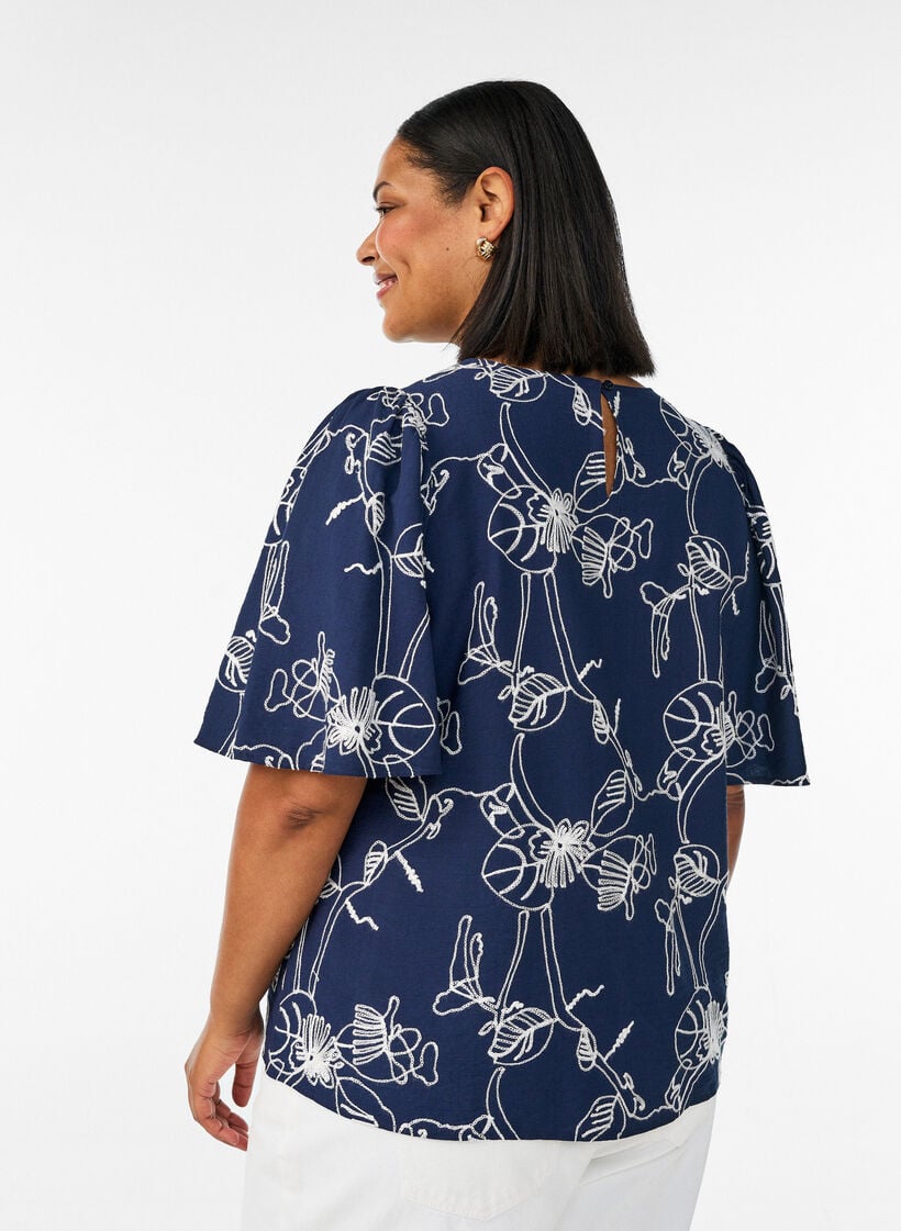 Blouse met korte mouwen en geborduurd patroon, Blauw, Model image number 2