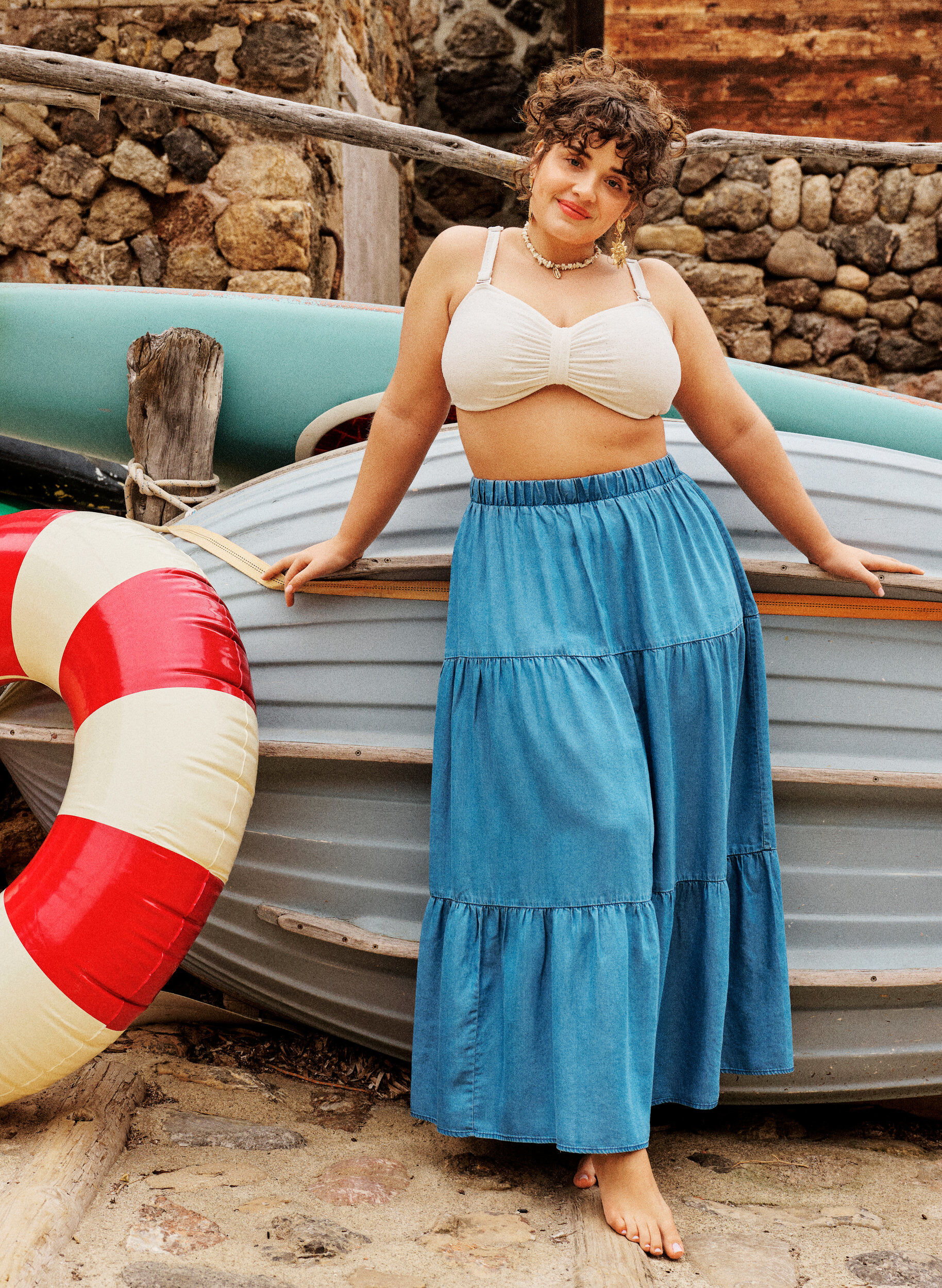 Denim maxi rok met ruches