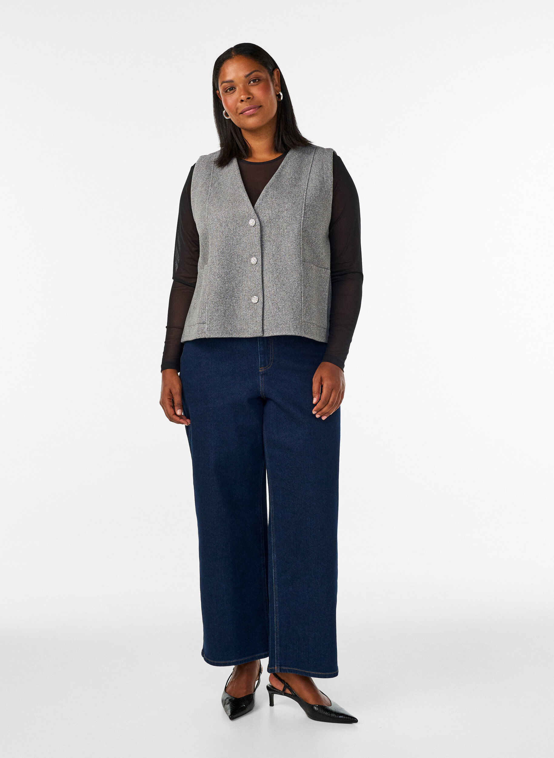ZizziV-hals gilet met knopen, Grijs, Model image number 1