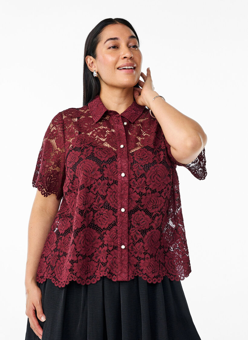 Kanten shirt blouse met parelknopen, Tawny Port, Model