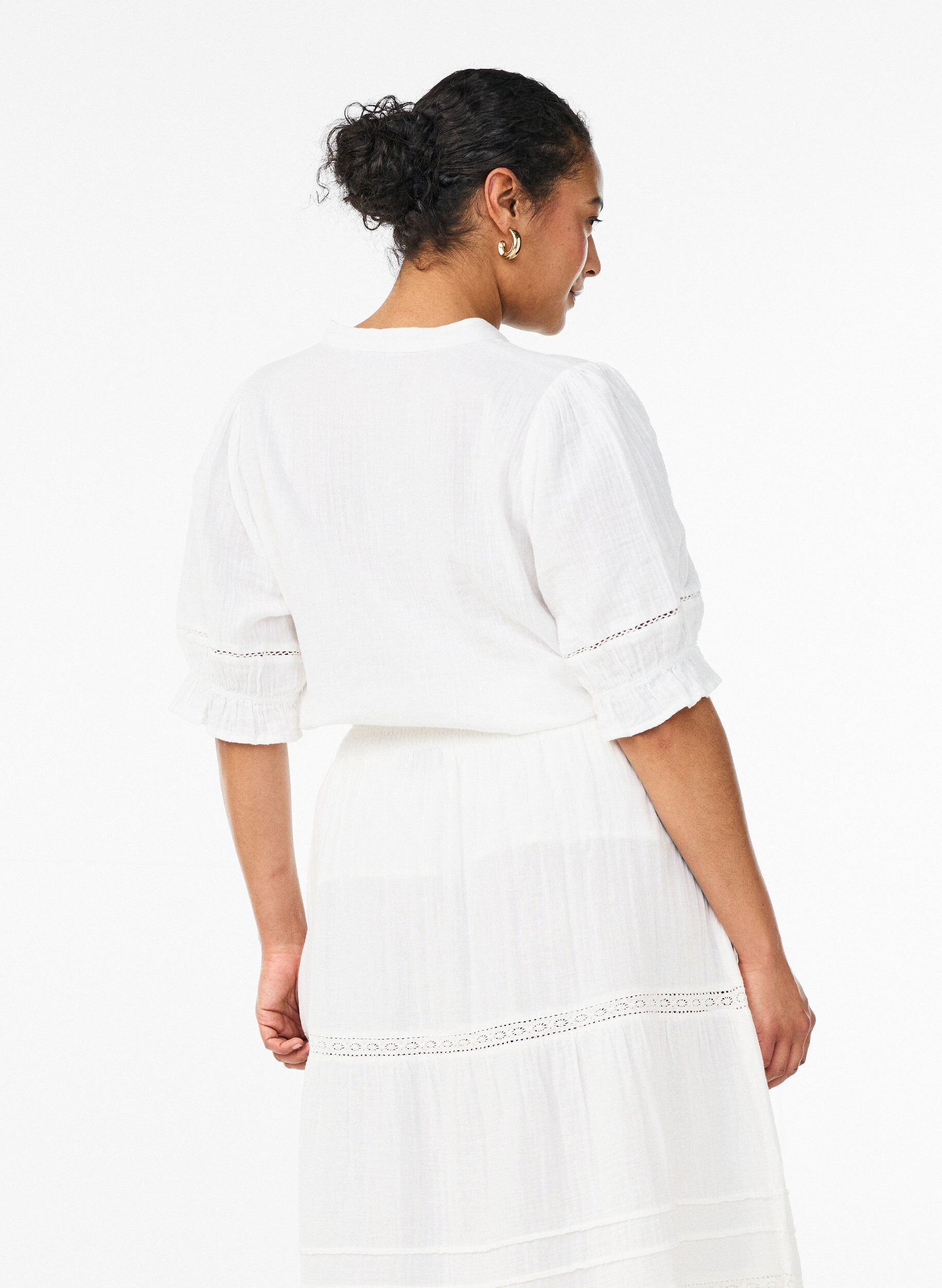 ZizziKatoenen mousseline blouse met korte mouwen en crochet details, Wit, Model image number 1