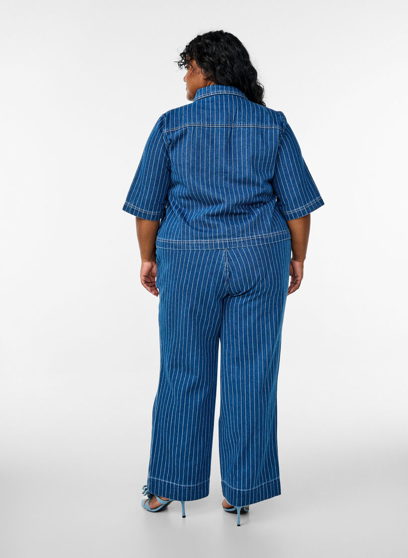 Denim jeans met wijde pijpen en strepen, Blauw, Model image number 1